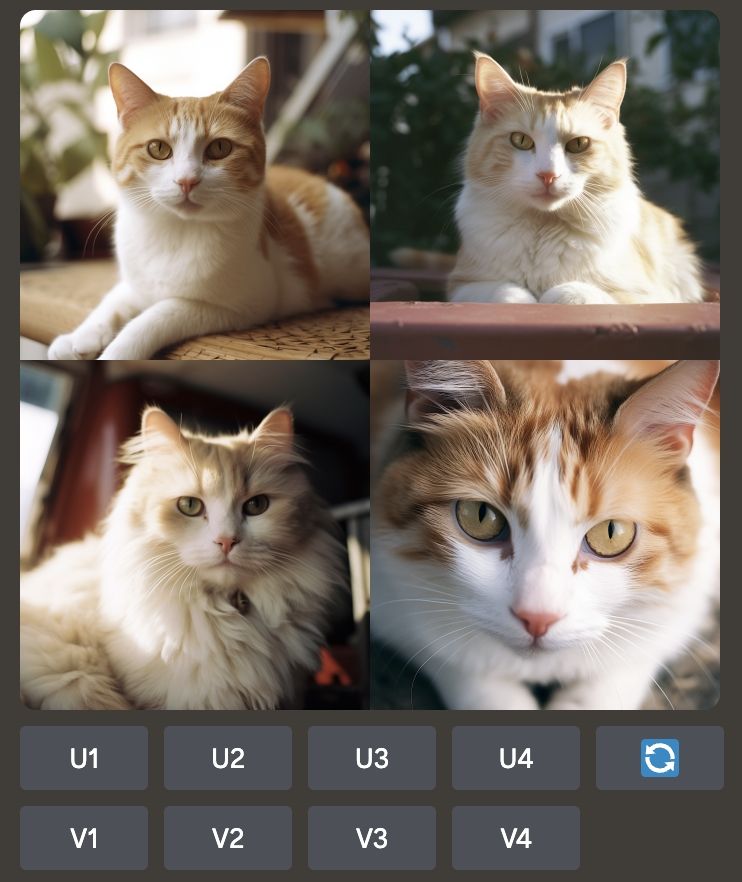 Four cats images with the Midjourney Discord interface below.