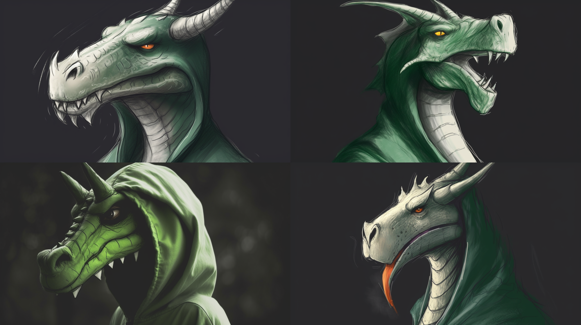 Four sketches of dragons in hoods